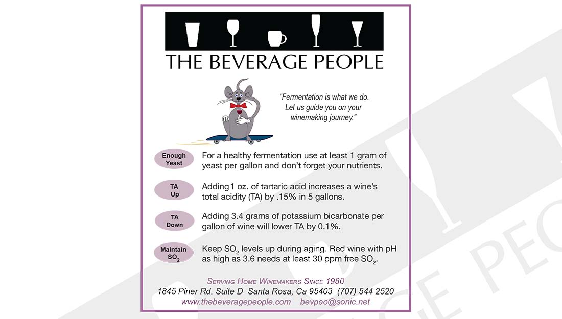 Beverage People recommendations for yeast and acid levels