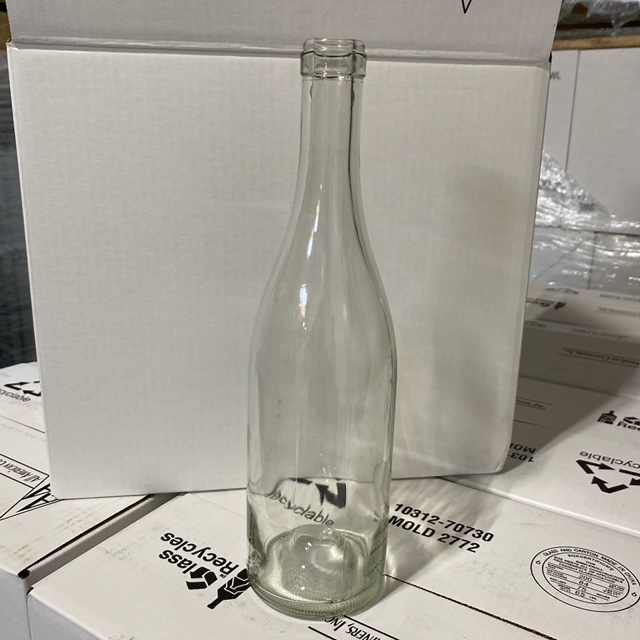 750 mL Clear Flint Burgundy Wine Bottles, PushUp, Euro Neck, Case of