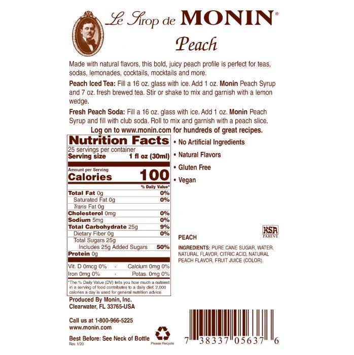 CLOSEOUT - Monin Syrup - Peach Flavor - 750 ml 1